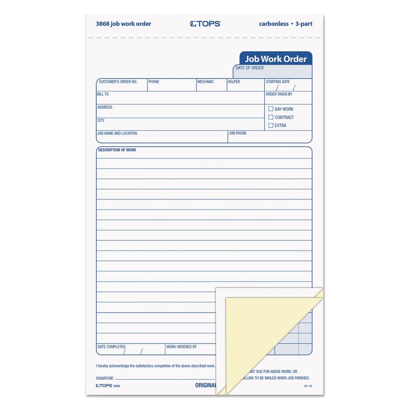 TOPS 3868 Snap-Off Job Work Order Form, 5 2/3" x 8 5/8", Three-Part Carbonless (Pack of 50 Forms) - Image 1